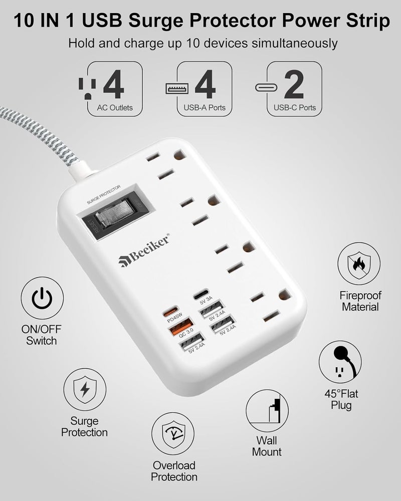 Beeiker 45W USB C Surge Protector Power Strip, Travel Power Strip with 6 USB(2 USB C) Ports and 4 Outlets,5Ft Flat Plug Braided Extension Cord, PD 45W Fast Charging for MacBook Laptops iPad Pro iPhone Samsung - Image 4